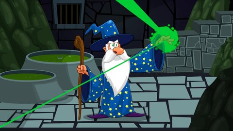 Wizard Cartoon Character With A Cane Casting A Spell. 4K Animation Video Motion Graphics With Dungeon Background