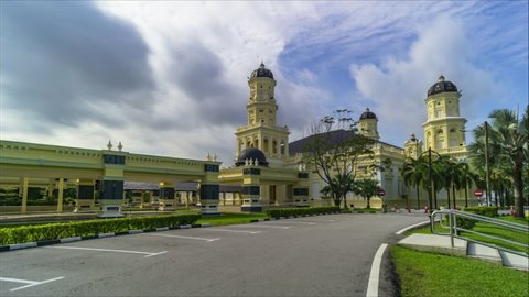 JOHOR, MALAYSIA - 29 AUG 2020 : timelapse footage of a Masjid Sultan Abu Bakar, Johor Bahru one of the famous Mosque and Landmark also tourism attraction when visiting Johor. Camera zoom in motion