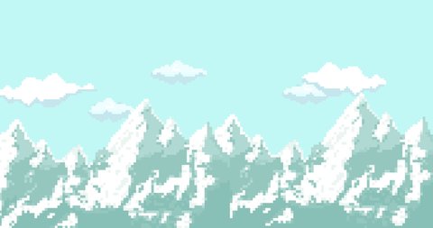 Pixel animation. Clouds, mountains for video game. Pixel art 8 bit