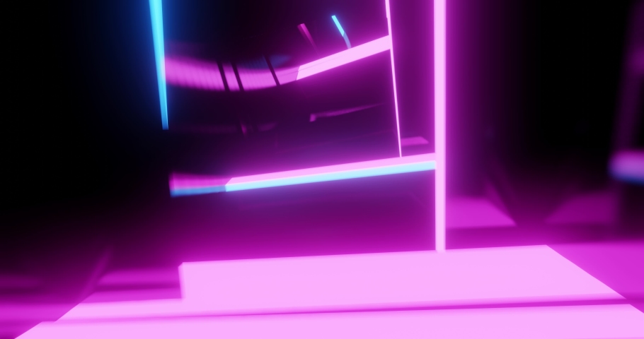 Abstract Glowing Neon Retro tunnel  synth wave loop. Sci-fi vintage technology. Perfect for VJs, Backgrounds, Projections, Nightclubs, LED. 3D render, 4K loop