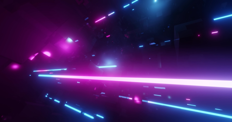 Flying and Racing through a Neon City with Light Tech Digital effect. Bright Pink and Blue Neon lens flares, misty environment.  VJ, Backgrounds, Projections, Nightclubs, LED. 3D render, 4K loop Royalty-Free Stock Footage #1066862113