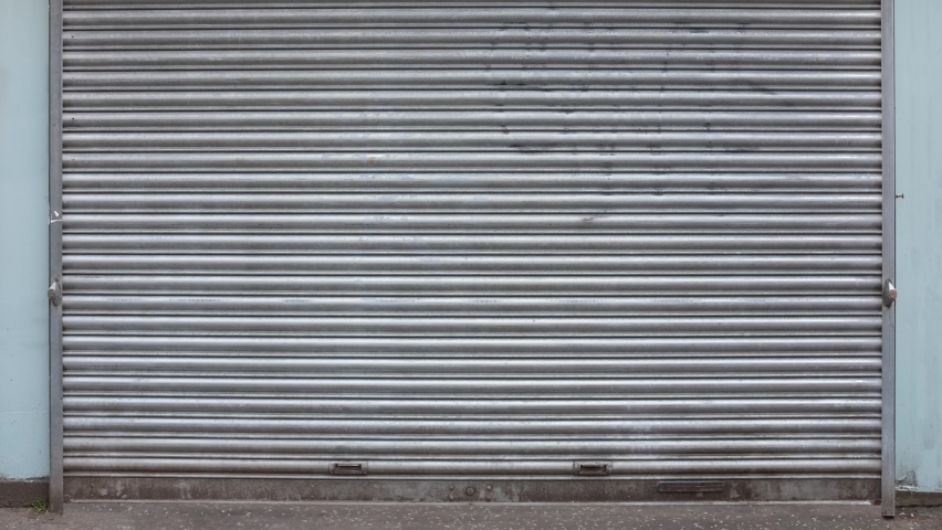 Grungy Urban Metal Store Shutters Opening And Then Closing, With Green Screen Behind Royalty-Free Stock Footage #1066869205