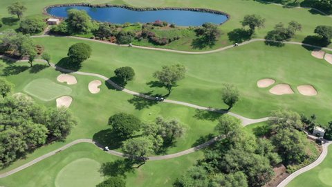 Aerial footage of people on green golf course playing sport game, Hawaii Maui USA. Cinematic overhead view active men playing golf on sunny summer day. Golf carts driving by lawn. Business background
