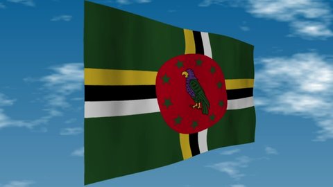 Flag of Dominica. Clouds are flowing in the background.