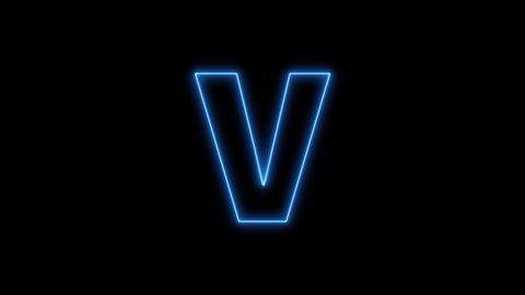 Animated blue neon alphabet symbol on black background written letter V