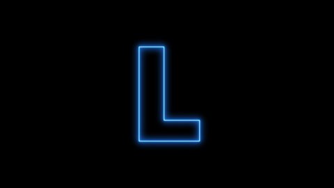 Animated blue neon alphabet symbol on black background written letter L
