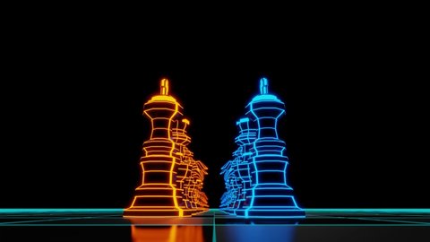 Business strategy ideas futuristic glowing neon Chess board game 3D rendering.