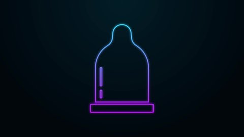 Glowing neon line Condom icon isolated on black background. Safe love symbol. Contraceptive method for male. 4K Video motion graphic animation.
