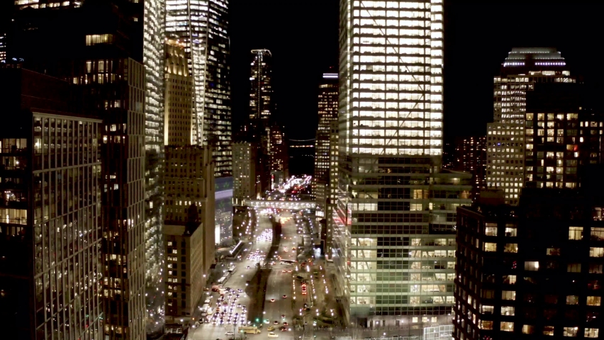 Night, Downtown Manhattan, New York City, NYC. Drone Aerial footage, Nighttime skyline. Downtown NYC. 