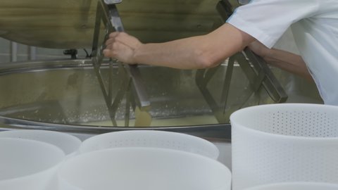 the lid of the industrial dairy mixer is lifted, the cheese maker takes off the working beaters and removes them. Cheese production in a private company