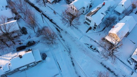 Snowy Winter Rooftops Aerial View in Suburban Neighborhood, Saratoga Springs, New York