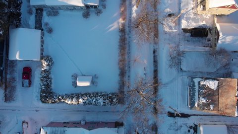 Birds Eye View of Snow Covered Streets. Suburban Neighborhood After Snow Storm. Saratoga Springs, New York