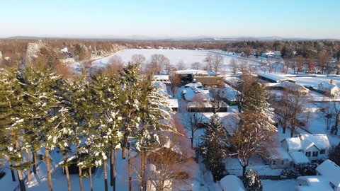 Aerial Camera Rising Reveal Snow Covered Horse Racing Track. Saratoga Springs, New York. Oklahoma Training Track