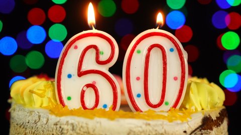 Number 60 Happy Birthday Cake With Burning Candles Topper. 4K