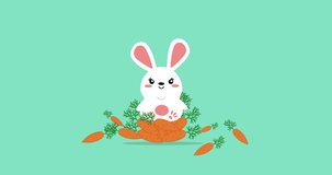 Animation white hare and carrots on a blue background. Meditating rabbit. 