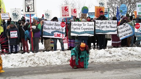 St. Paul, Minnesota. January 28, 2021. Indigenous groups and opponents of the Enbridge Energy Line 3 oil pipeline replacement project protest its construction across northern Minnesota. 