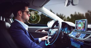 Animation of digital interface over businessman in self driving car. global network of connections and technology concept, digitally generated video.