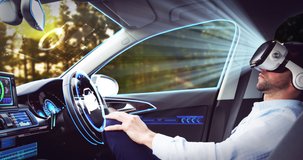 Animation of 3d car drawing over businessman wearing vr headset in self driving car. global network of connections and technology concept, digitally generated video.