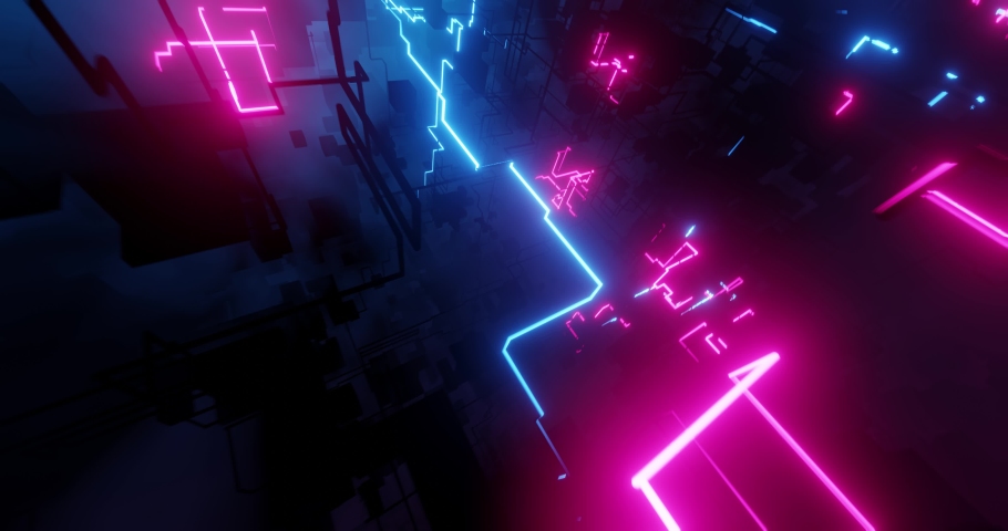 Dark futuristic city or virtual reality with lightning neon high tech lines. Abstract video game camera motion. Dark web and internet connection visual. dangerous travel. 3D render, 4K loop | Shutterstock HD Video #1066922071
