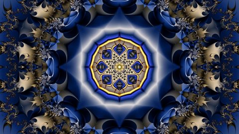 a kaleidoscopic transformation of a beautiful abstract paper texture with the appearance of various fractal circular patterns and various geometric shapes on a blue background