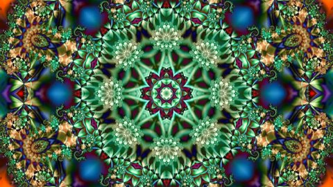 animation of a bright multicolored abstract background with a varied fractal pattern with a beautiful ornament in the form of stars and flowers in the center. kaleidoscope. 