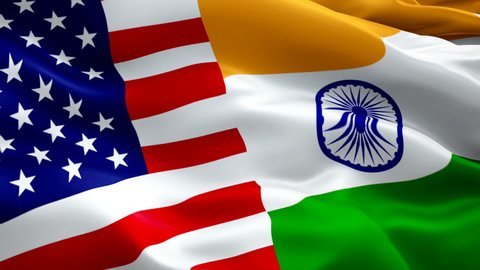 USA and India Flag Wave Loop waving in wind. Realistic United States vs India Flag background. USA India Flag Looping Closeup. Video of american sign. American and Indian flag Slow Motion. US American