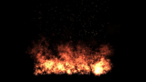 A CG medium intense fire creating a  storm of rising sparks on a black background