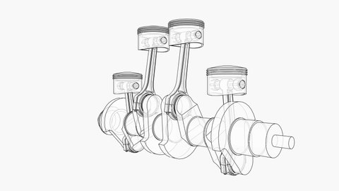 Animation of crankshaft and four pistons. Wire-frame or blueprint style. Seamless looped 4k video
