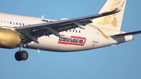 Germany, Frankfurt - 09. January 2021: An Airbus A321 airplane of Gulf Air at Frankfurt airport (FRA) in Germany.