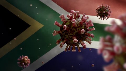 Flu coronavirus floating over African RSA flag, pathogen that attacks the respiratory tract. South Africa banner waving with pandemic of Covid19 virus infection concept. Real fabric texture ensign-Dan