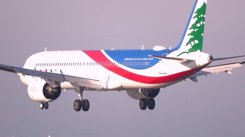 Germany, Frankfurt - 09. January 2021: An Airbus A321 airplane of Middle Eastern Airlines at Frankfurt airport (FRA) in Germany.