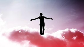 4k video with the parallax effect of the sky with moving clouds and sunlight, the silhouette of a man with spread arms, flying in bright light and dissolving in it. The concept of open mind.	