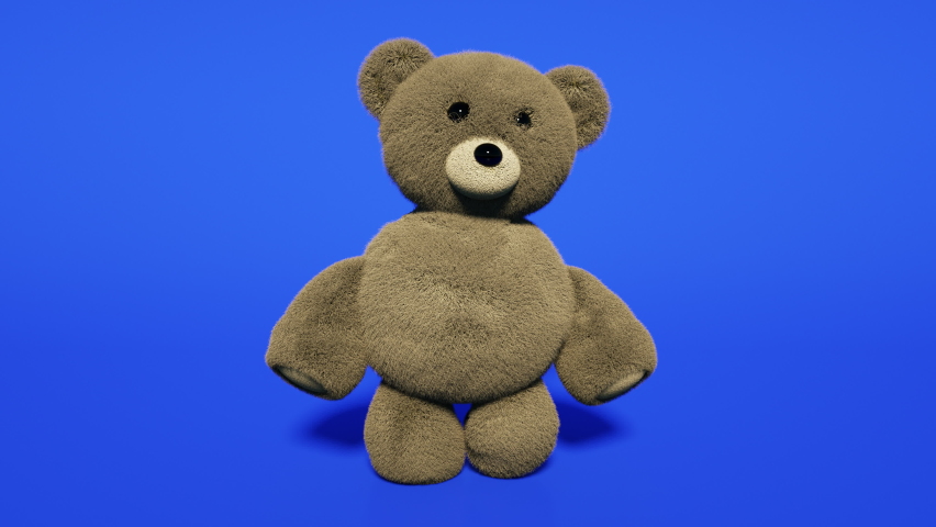 Animation teddy bear on a blue screen. Toy bear walking seamless loop.