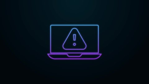 Glowing neon line Laptop with exclamation mark icon isolated on black background. Alert message smartphone notification. 4K Video motion graphic animation.