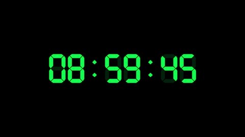 9 hour o'clock digital clock. Seconds count to nine. Numerical electronic green display screen. 4K animation video. Black background.