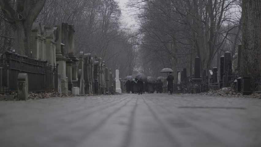 A low angle in a rainy winter day, showing Orthodox Jews, wearing black and holding black umbrellas with their back to the camera, in a gigantic cemetery surrounded by bare trees. Warsaw, Poland.