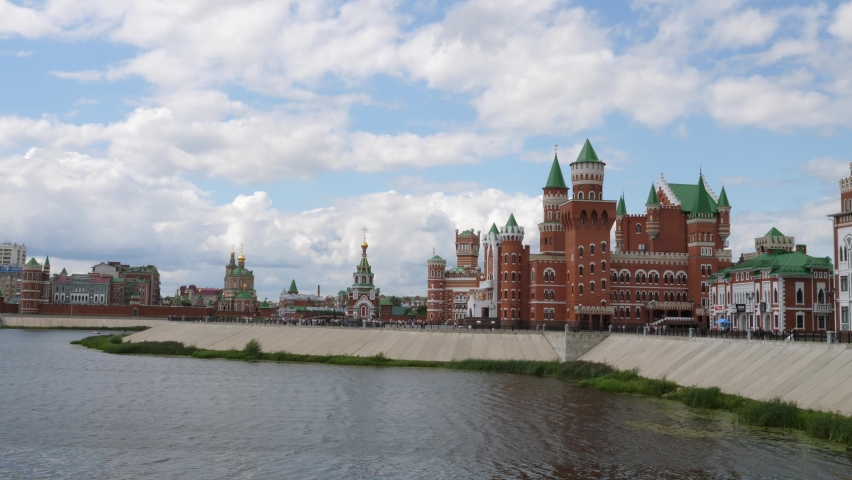View of The Republican Puppet Theatr of Yoshkar-Ola and Malaya Kokshaga river by summer day