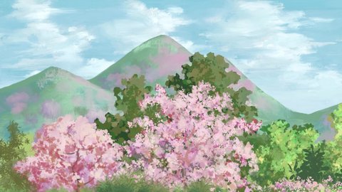 Drawn tree landscape background cherry blossom mountain Sakura panorama view 