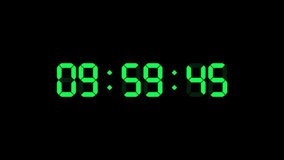 10 hour o'clock digital clock. Seconds count to ten. Numerical electronic green display screen. 4K animation video. Black background.