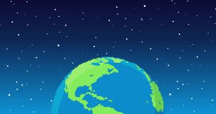 Animation of pixel planet Earth. Pixel art 8 bit space vector loop