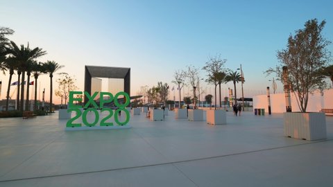 Dubai, United Arab Emirates - February 4, 2020: Entrance of Terra Sustainability Pavilion at the EXPO 2020 at sunset built for EXPO 2020 scheduled to be held in 2021 in the United Arab Emirates