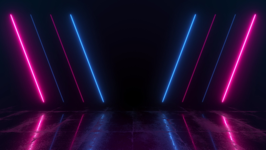 Abstract neon background with colorful beams of light. Futuristic studio concept with bright laser animation and reflective floor. Seamless loop. | Shutterstock HD Video #1066965712