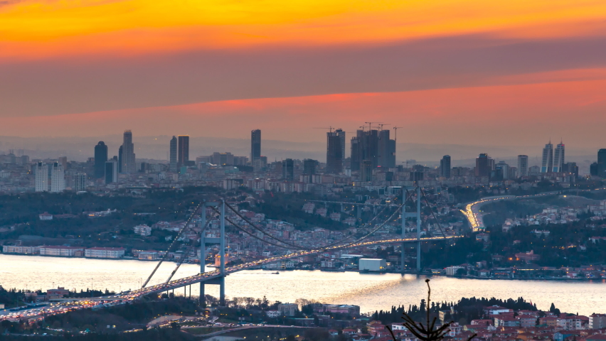 Istanbul skyline aerial view skyscrapers downtown from day to night time lapse, turkey istanbul city. Bosphorus bridge panorama view. Royalty-Free Stock Footage #1066968673
