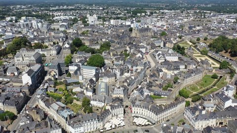 General aerial view of ancient Breton town of Vannes on sunny summer day, Morbihan, France. High quality 4k footage