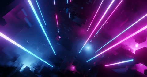 Neon City with Light Tech Digital effect. Bright Pink and Blue Neon lens flares, misty environment.  Perfect for VJ, projection , nightclub , party , LED, techno EDM video display. 3D render, 4K loop