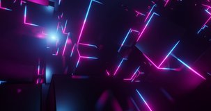Retro Video Game chase in Neon cube scene. Abstract flyby with neon cubes. VJ Retro-Futuristic City.  Perfect for VJs loops, Backgrounds, Projections, Nightclubs, LED. 3D render, 4K loop