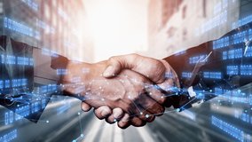 Imaginative visual business handshake with computer graphic of investment data . Futuristic business marketing and partnership deals . 3D Rendering . - Powered by Shutterstock - Get 15% off with code: PIKWIZARD15