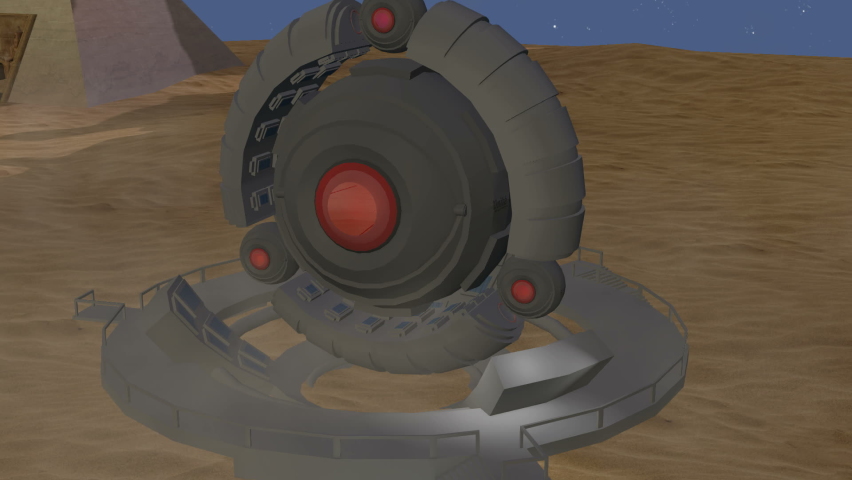 Alien ship or device in desert with blowing sand.  Loop.