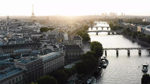 River Seine Paris, France, sunset aerial drone, Paris Frane. Cinematic 4k.