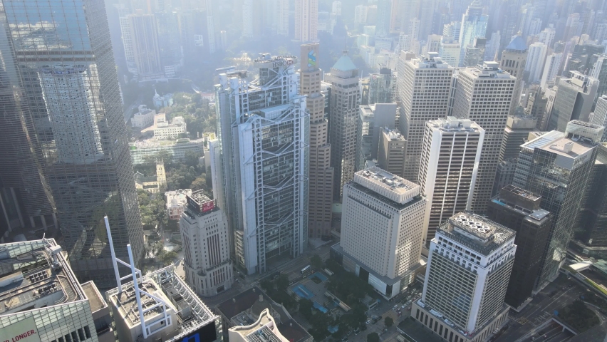 Aerial View of the skyline of Hong Kong at Victoria Harbour Financial Kowloon Central District Royalty-Free Stock Footage #1066989946
